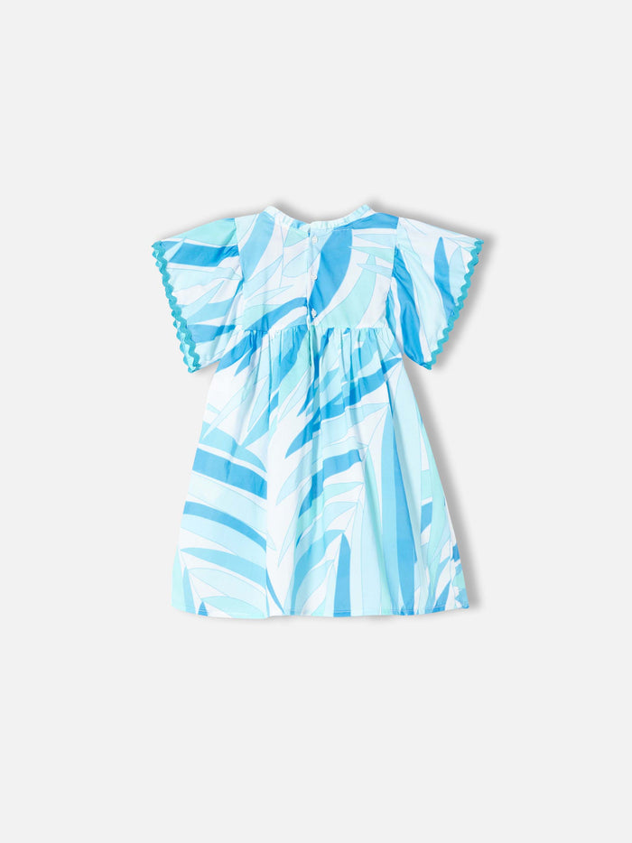 Girl Dress With Light Blue Palms Print