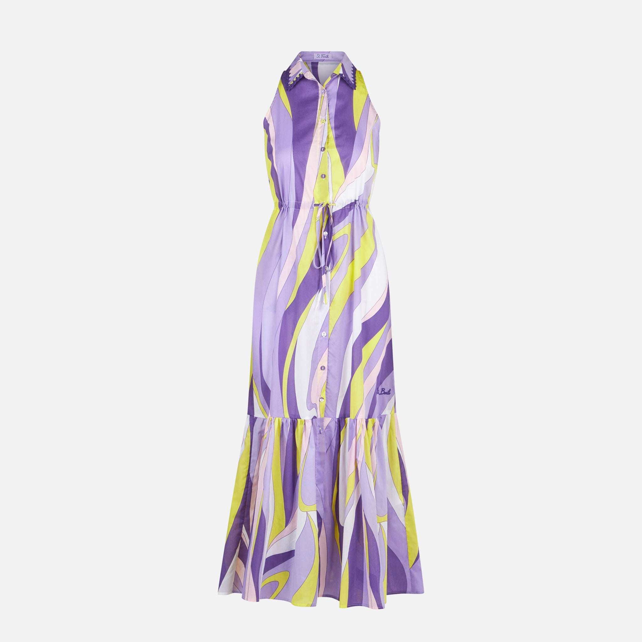 Ida Cotton Long Dress With Wave Print Pink