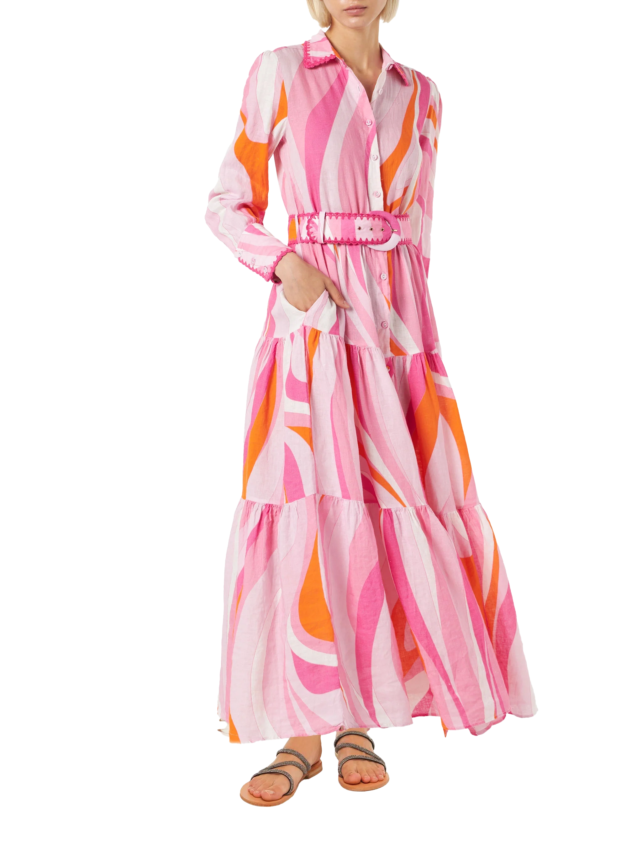 Multicolor Shape Wave Dress Marbella With Embroideries Pink