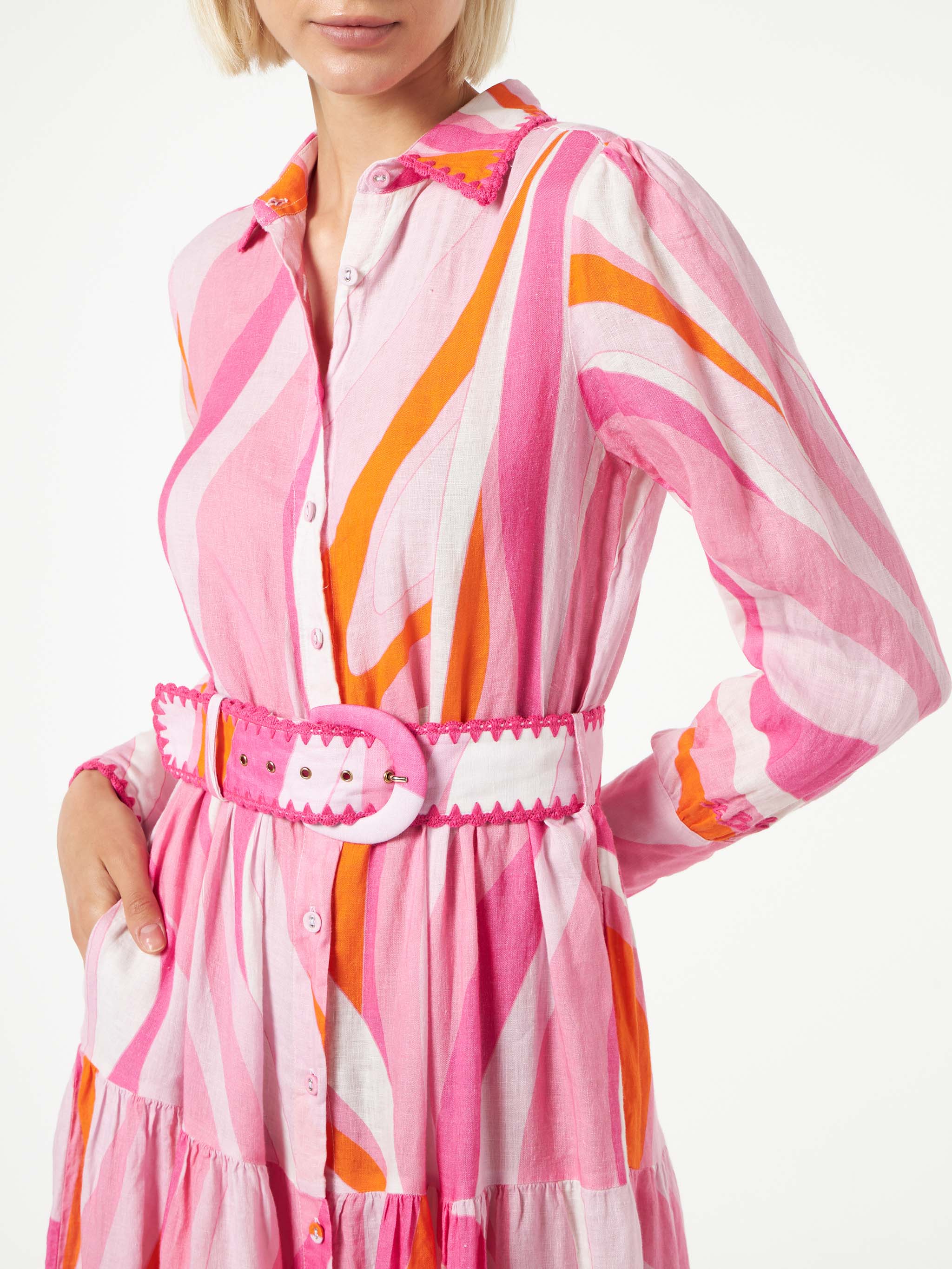 Multicolor Shape Wave Dress Marbella With Embroideries Pink