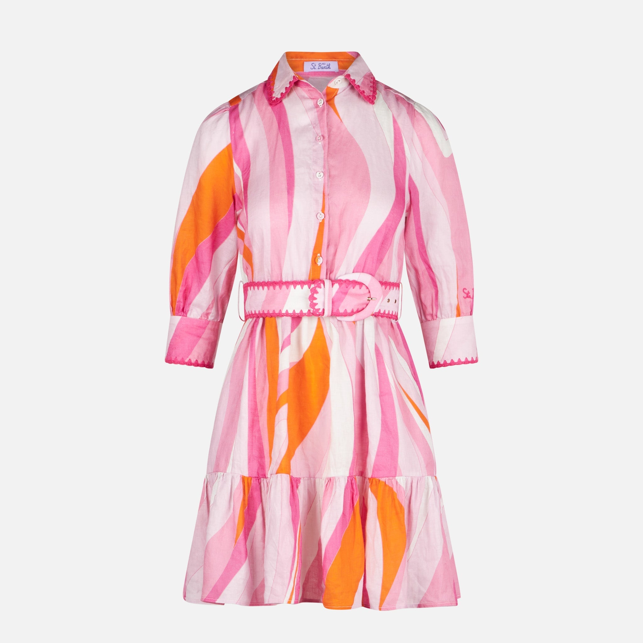 Shape Wave Print Linen Short Dress Daisi Pink