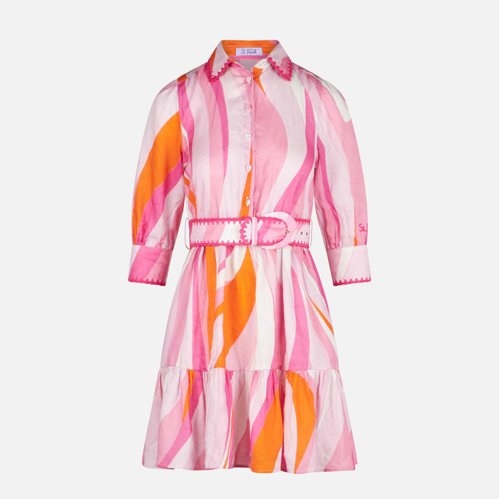 Shape Wave Print Linen Short Dress Daisi Pink