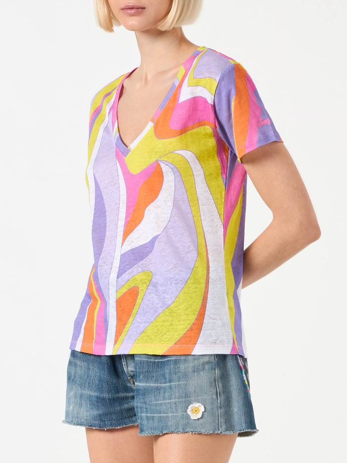 Eloise Linen T-Shirt With Wave Print Orange
