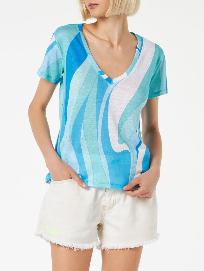 Multicolor Wave Eloise Linen T-Shirt Blue