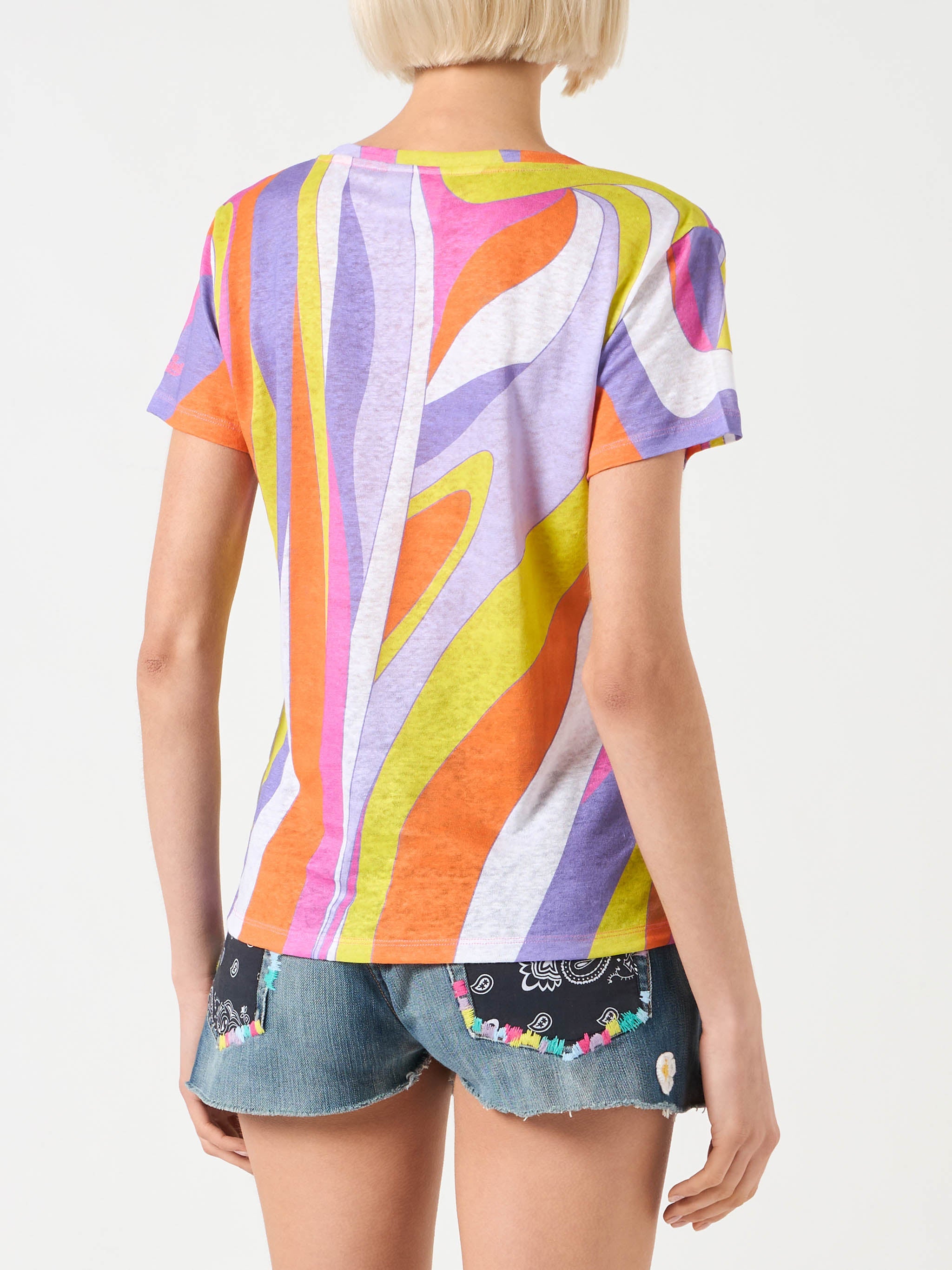 Eloise Linen T-Shirt With Wave Print Orange