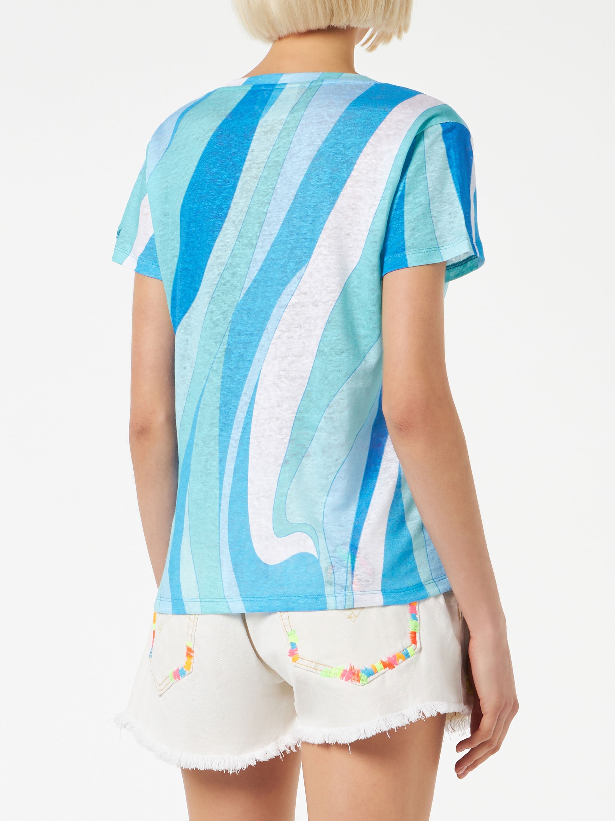 Multicolor Wave Eloise Linen T-Shirt Blue
