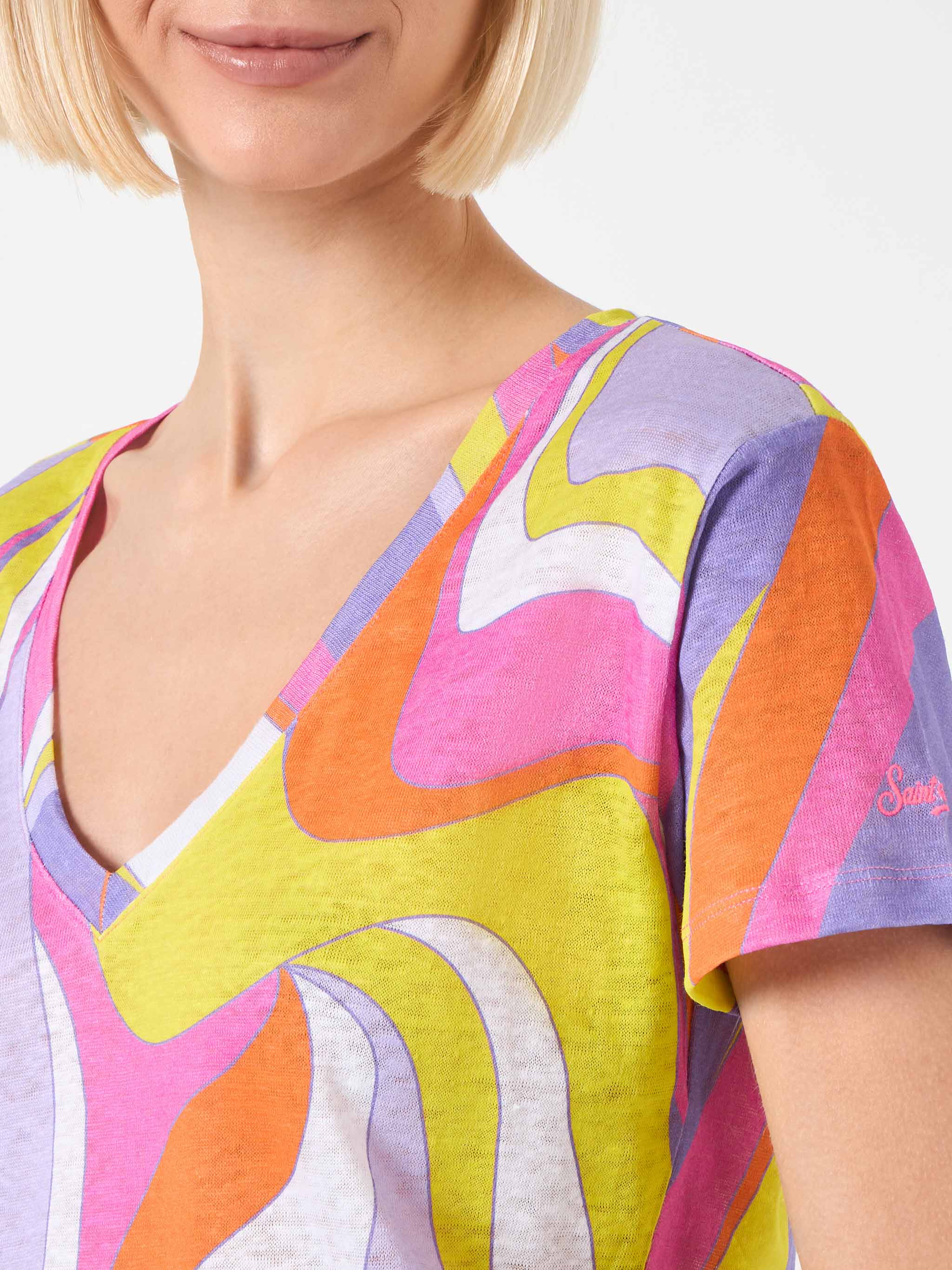 Eloise Linen T-Shirt With Wave Print Orange