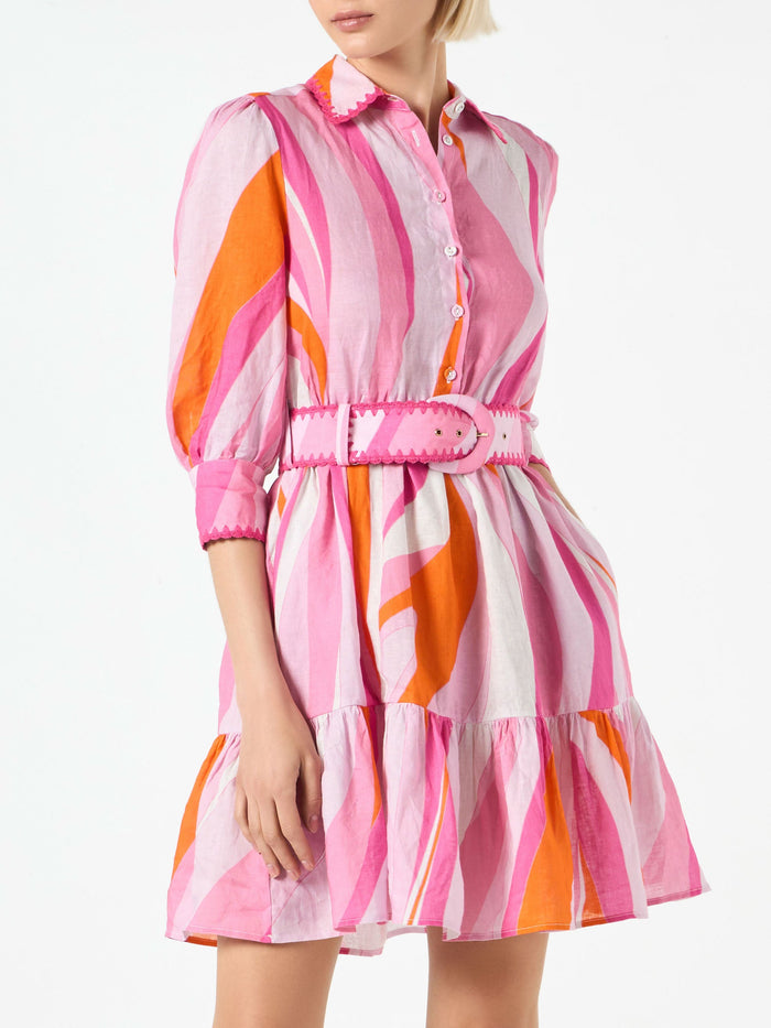 Shape Wave Print Linen Short Dress Daisi Pink