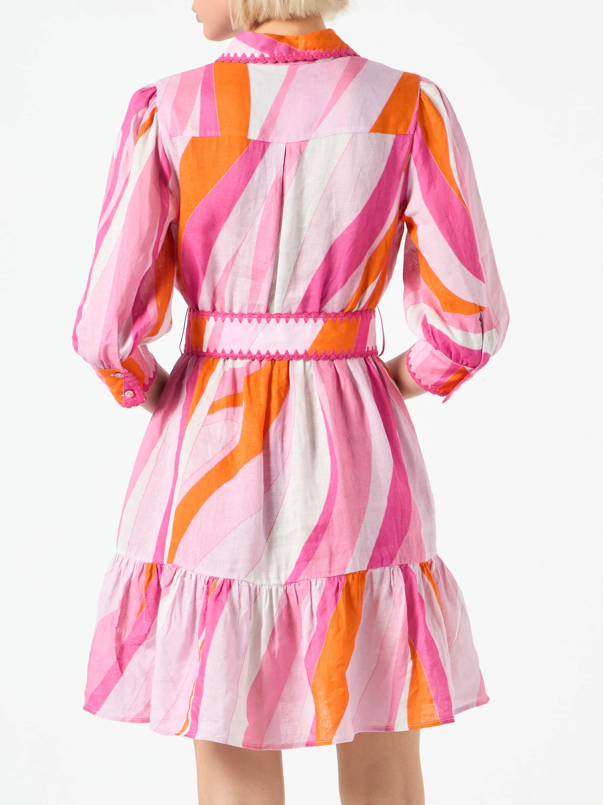Shape Wave Print Linen Short Dress Daisi Pink