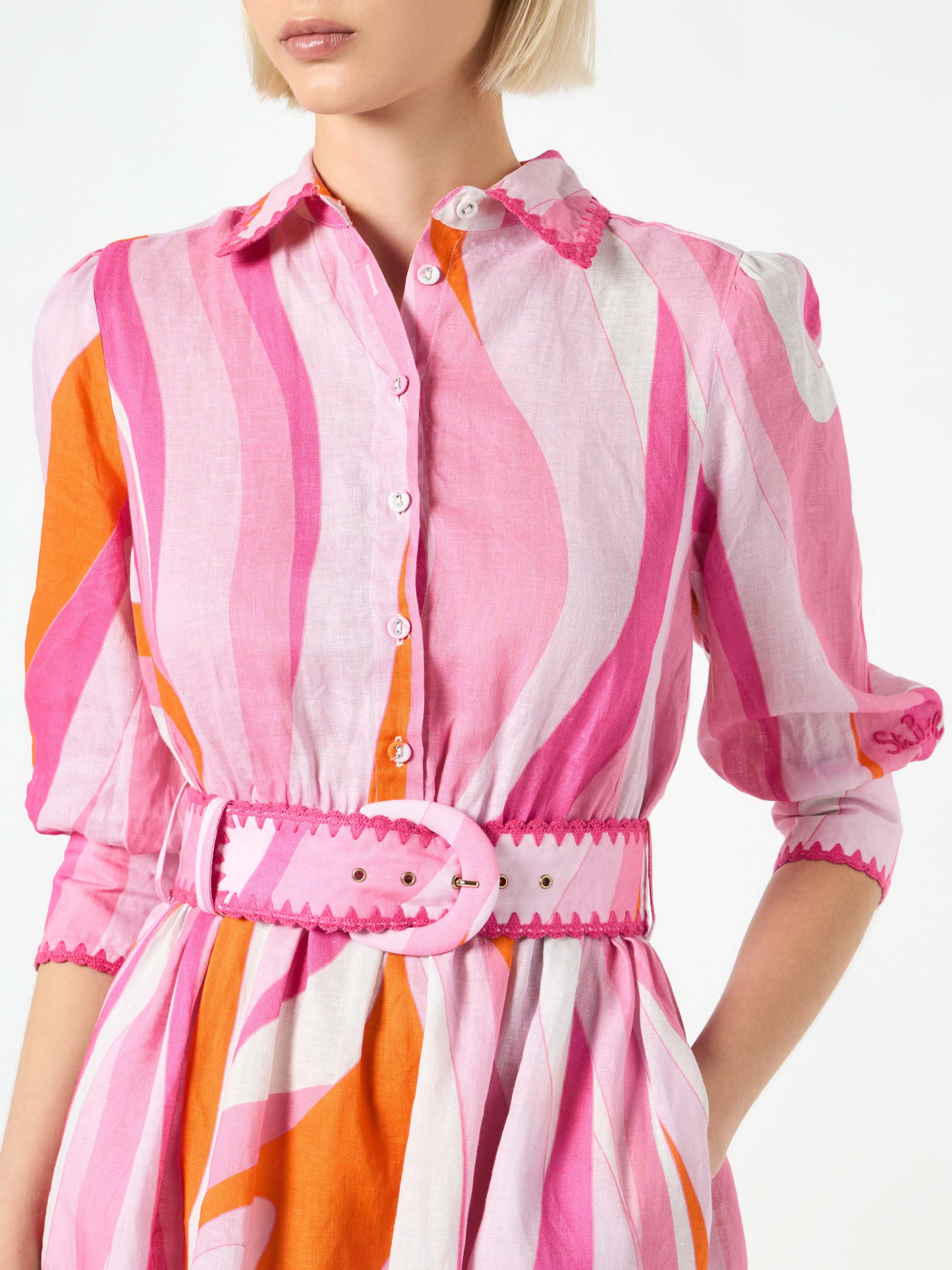 Shape Wave Print Linen Short Dress Daisi Pink