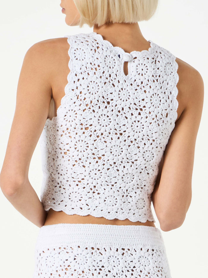 Medison White Crochet Halterneck Top With Flower Pattern Top_apparel