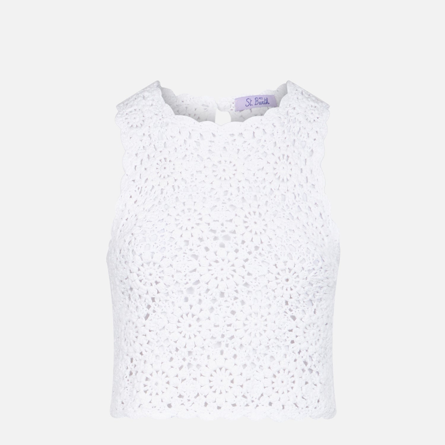 Medison White Crochet Halterneck Top With Flower Pattern Top_apparel