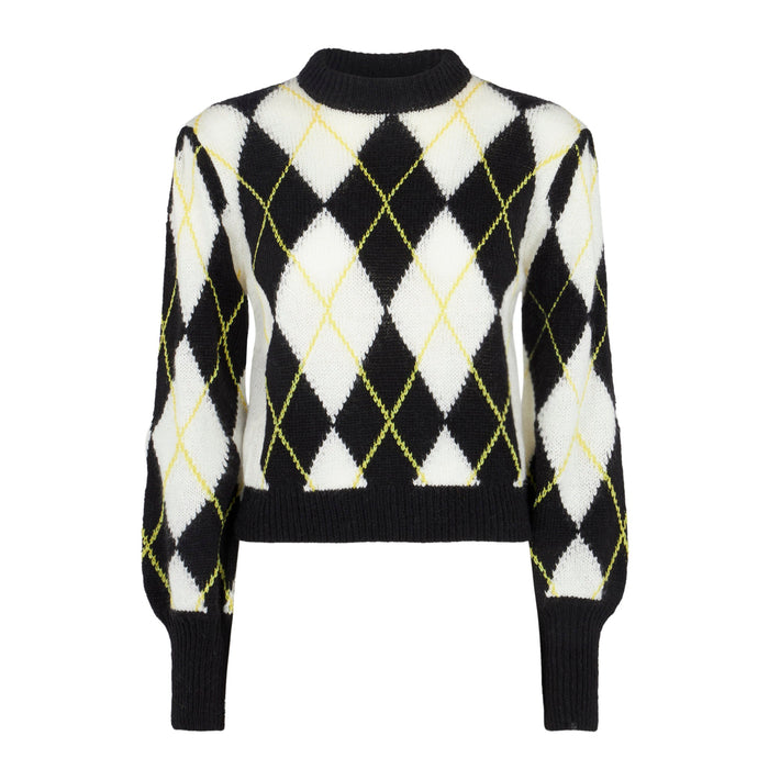 White And Grey Bloom Soft Argyle Sweater Black