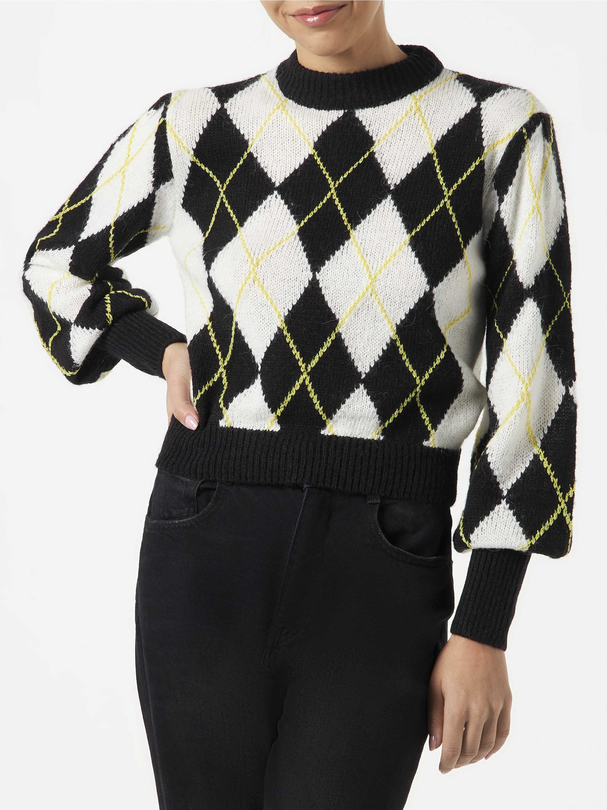 White And Grey Bloom Soft Argyle Sweater Black