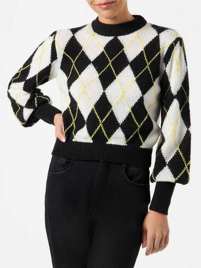 White And Grey Bloom Soft Argyle Sweater Black