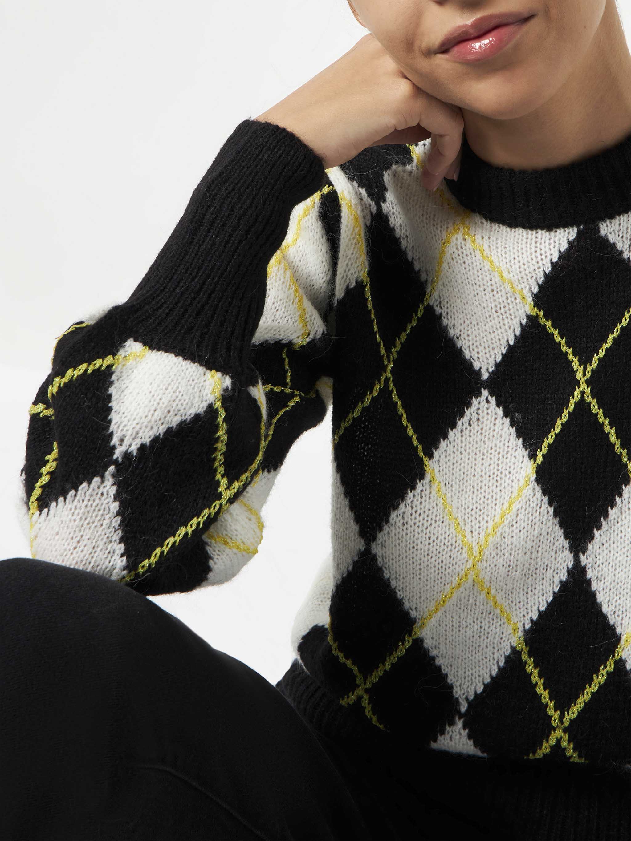 White And Grey Bloom Soft Argyle Sweater Black