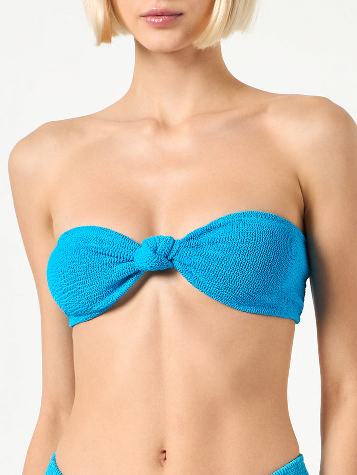 Annice Dusty Blue Crinkle Bandeau Bikini Top With Knot