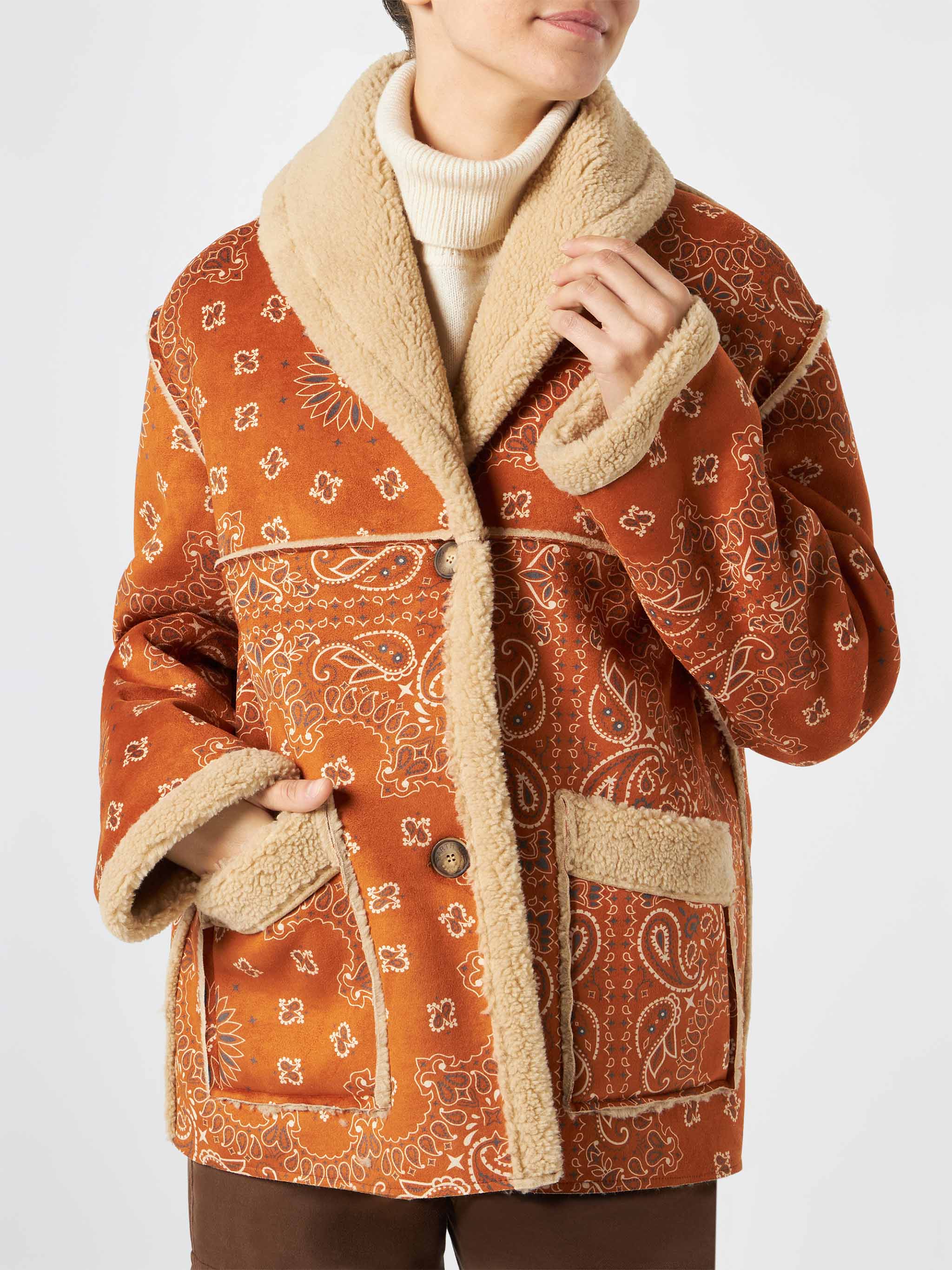 Dorys Reversible Shearling Jacket With Bandana Print Brown Coat