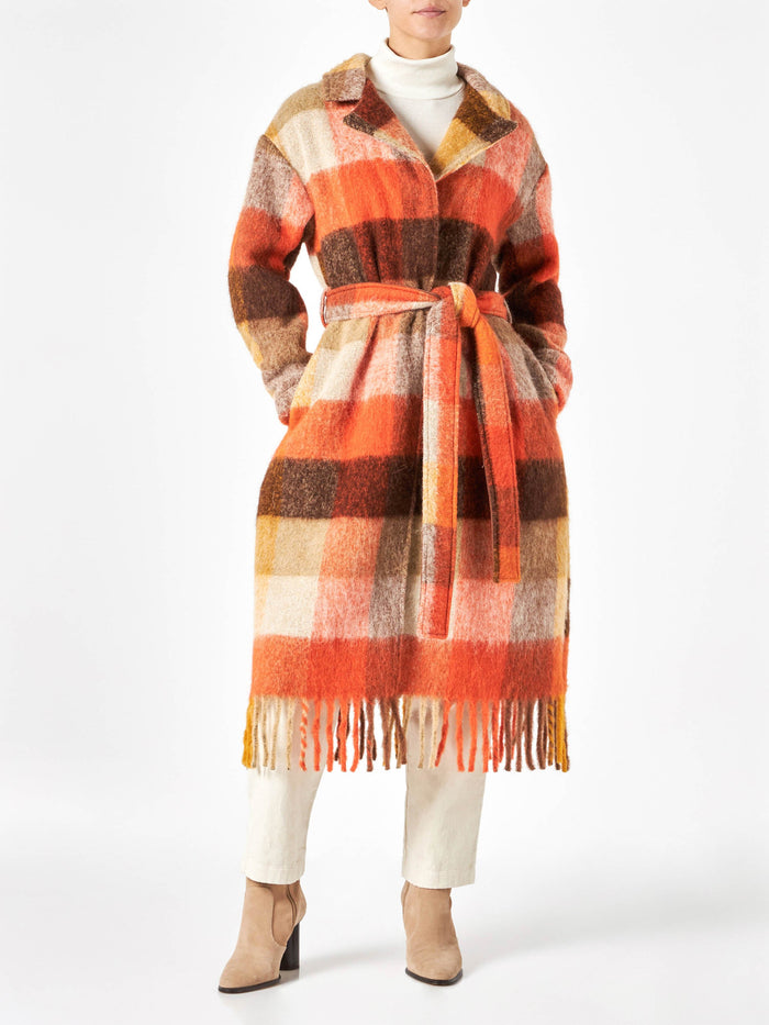 Charlot Long Coat With Fringes And Check Pattern Brown Jacket