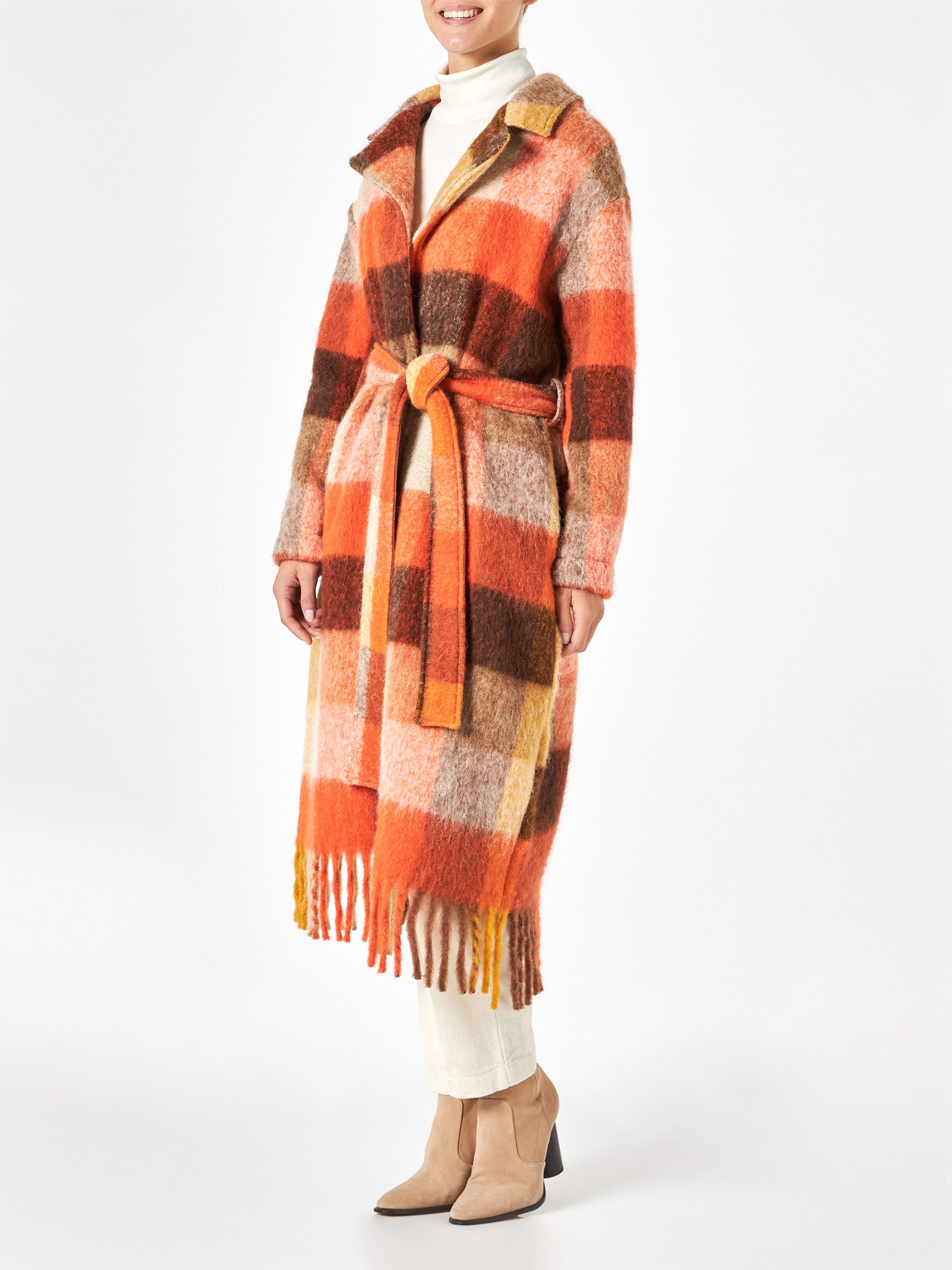 Charlot Long Coat With Fringes And Check Pattern Brown Jacket