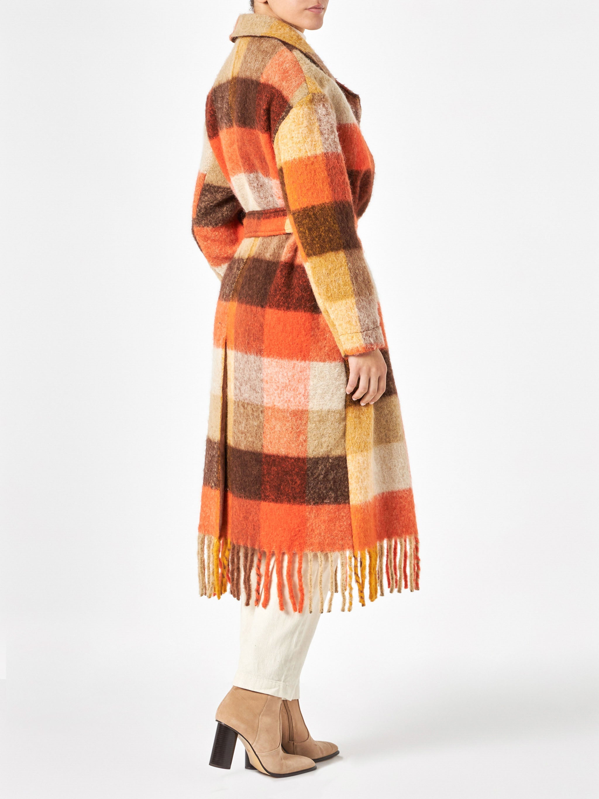 Charlot Long Coat With Fringes And Check Pattern Brown Jacket