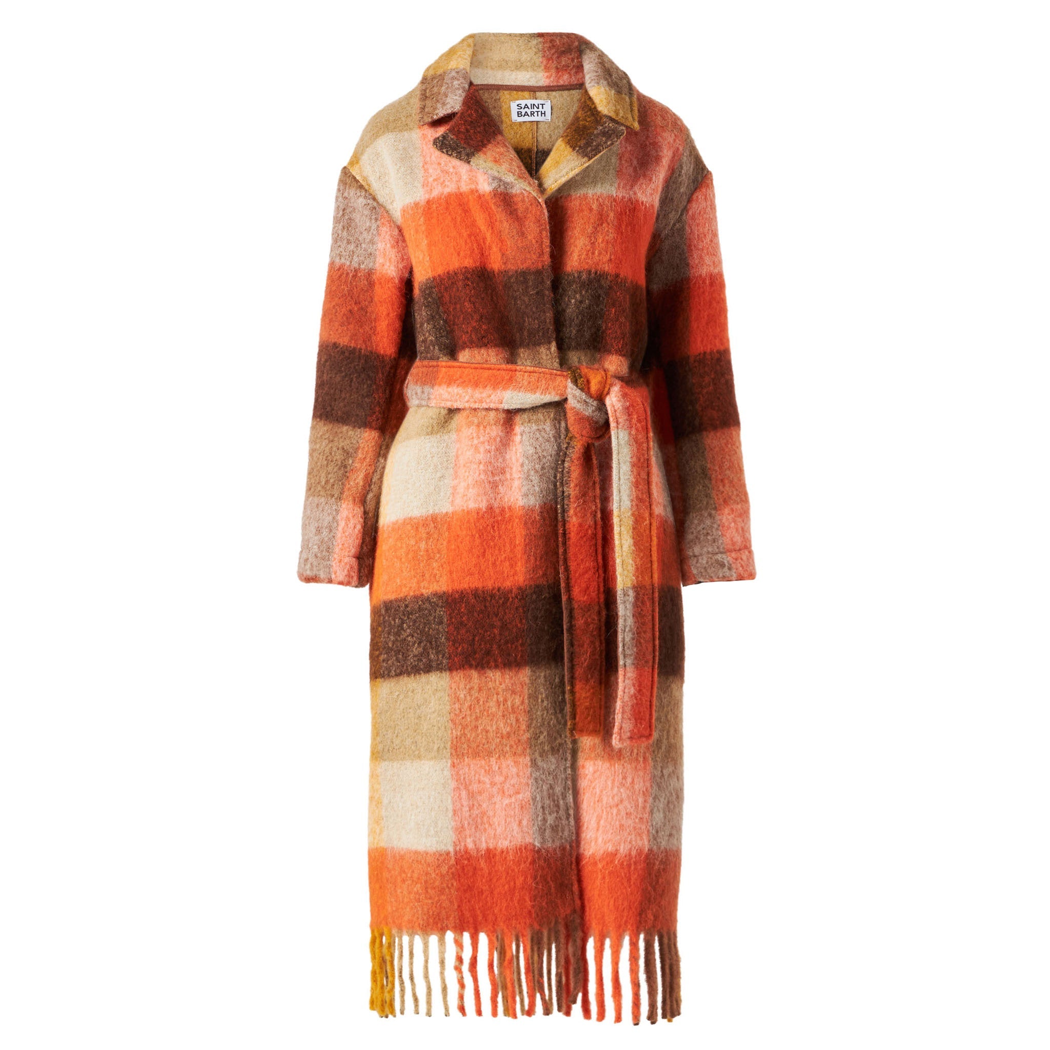 Charlot Long Coat With Fringes And Check Pattern Brown Jacket