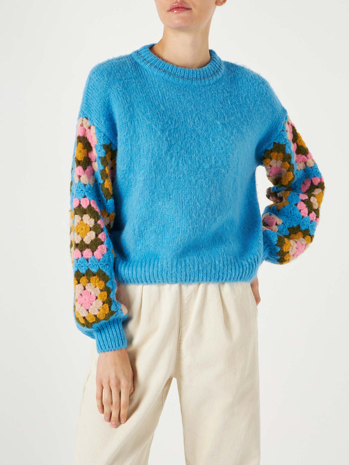Light Blue Danya Soft Crochet Sweater With Sleeves