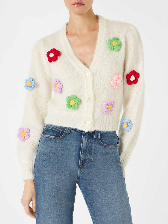 Lyza Soft Cropped Cardigan With Daisy Appliqués White
