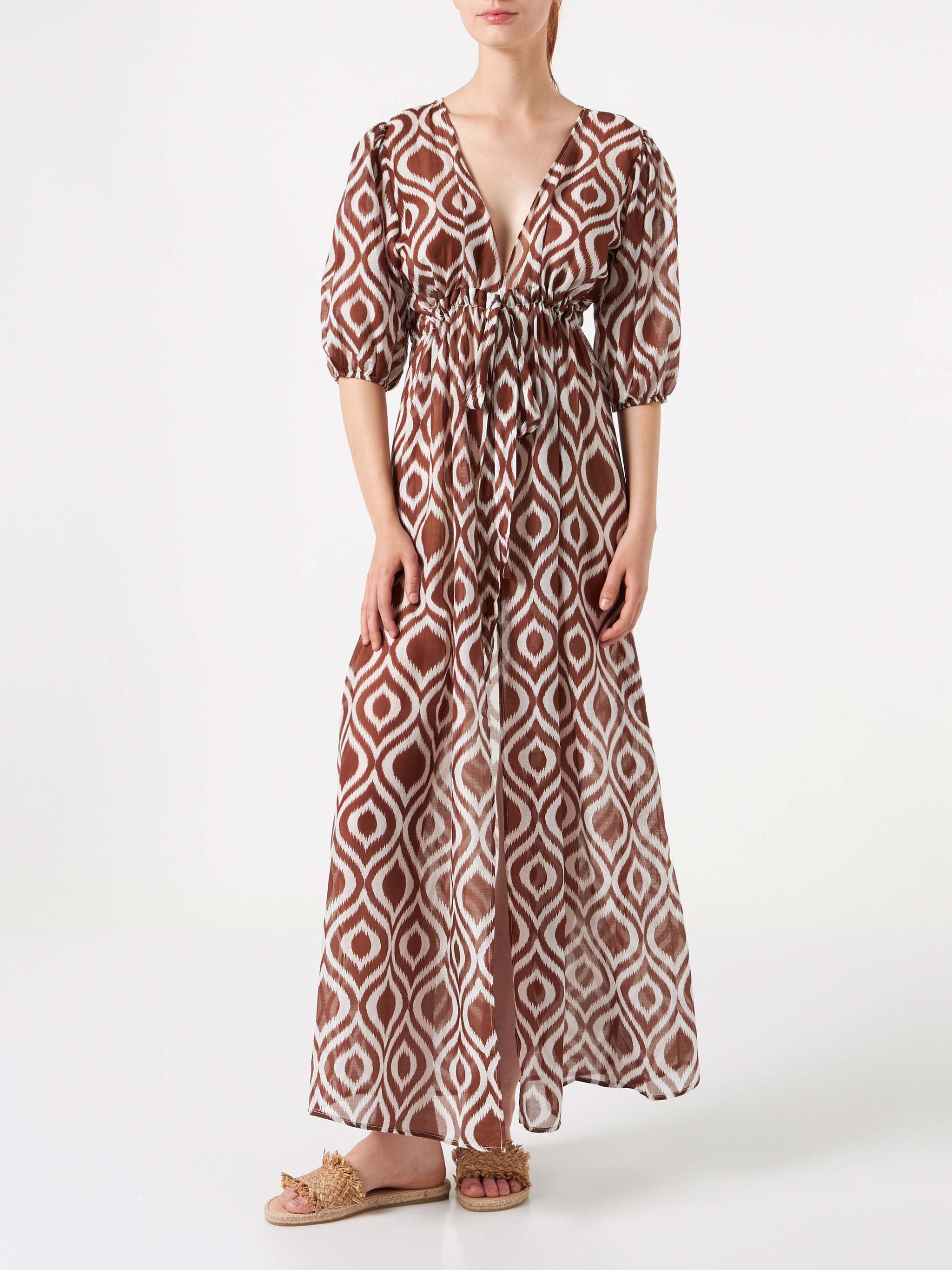 Cotton And Silk Long Beach Dress Bliss With Ikat Print Brown Robe