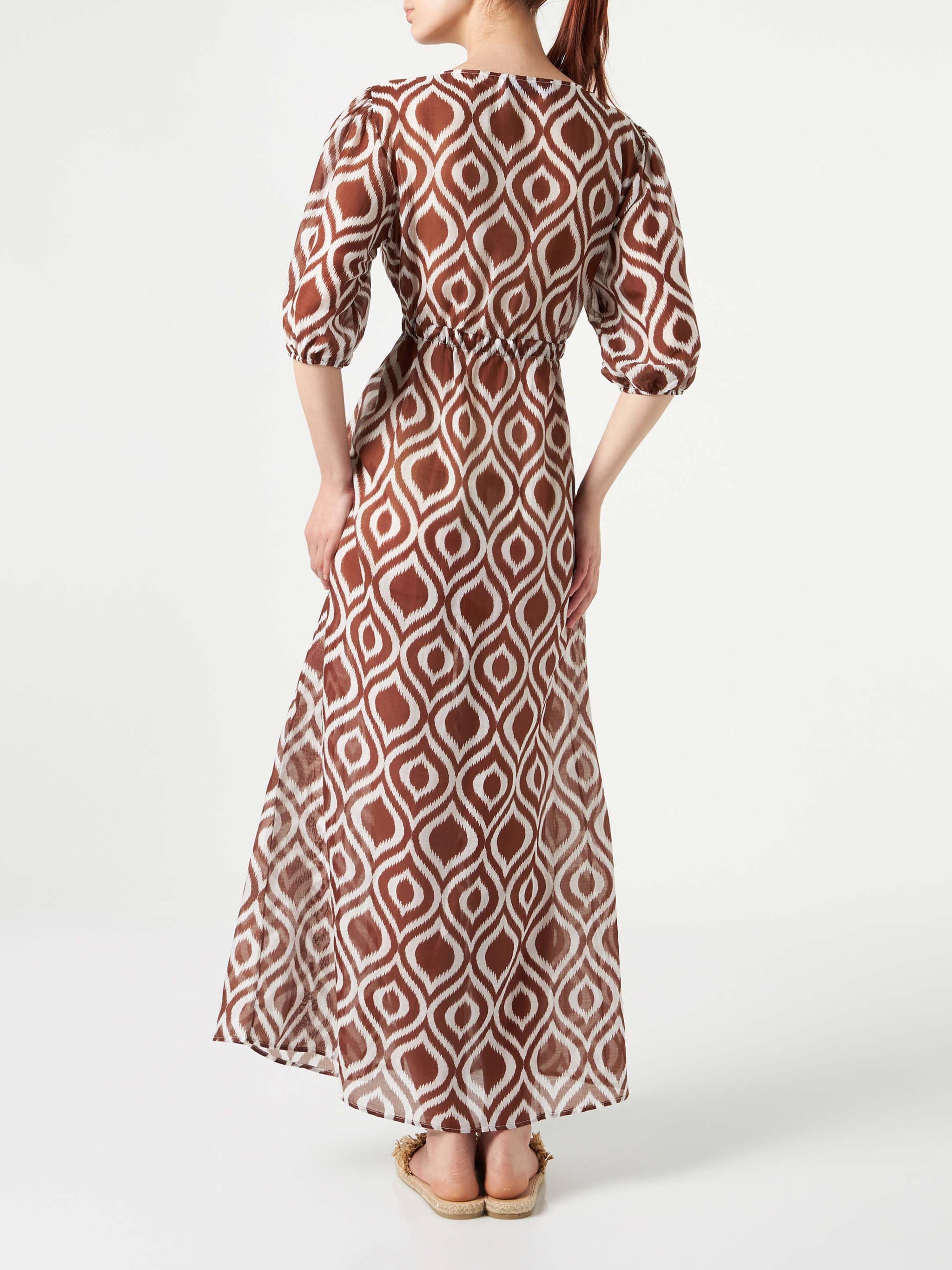 Cotton And Silk Long Beach Dress Bliss With Ikat Print Brown Robe