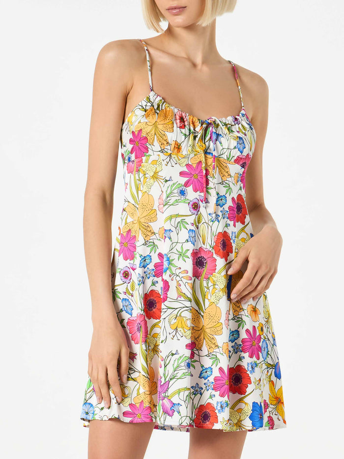 Creamy Multicolor Floral Satin Dress