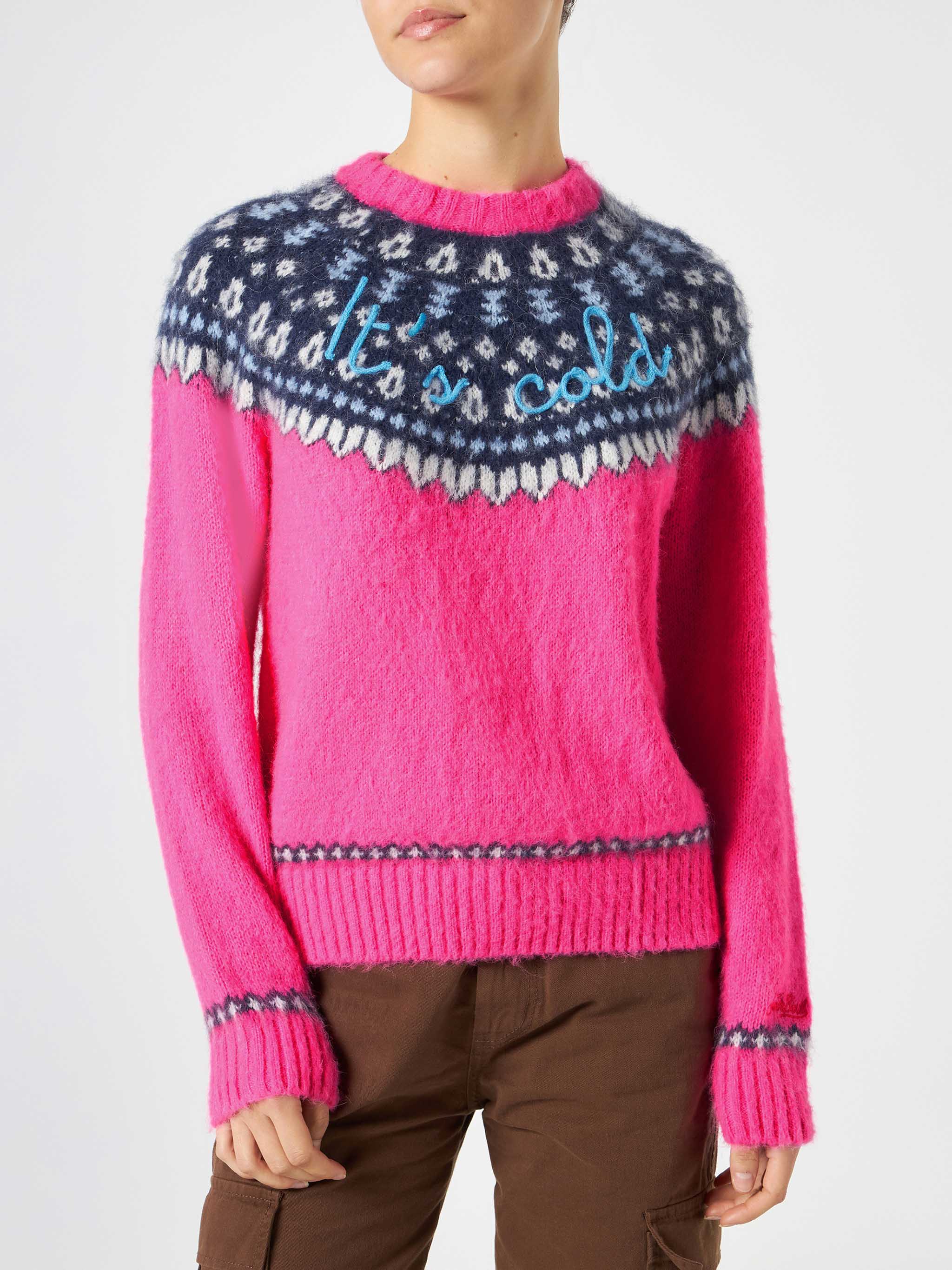 New Queen Nordic Soft Fuchsia Jacquard Sweater With Embroidery Pink