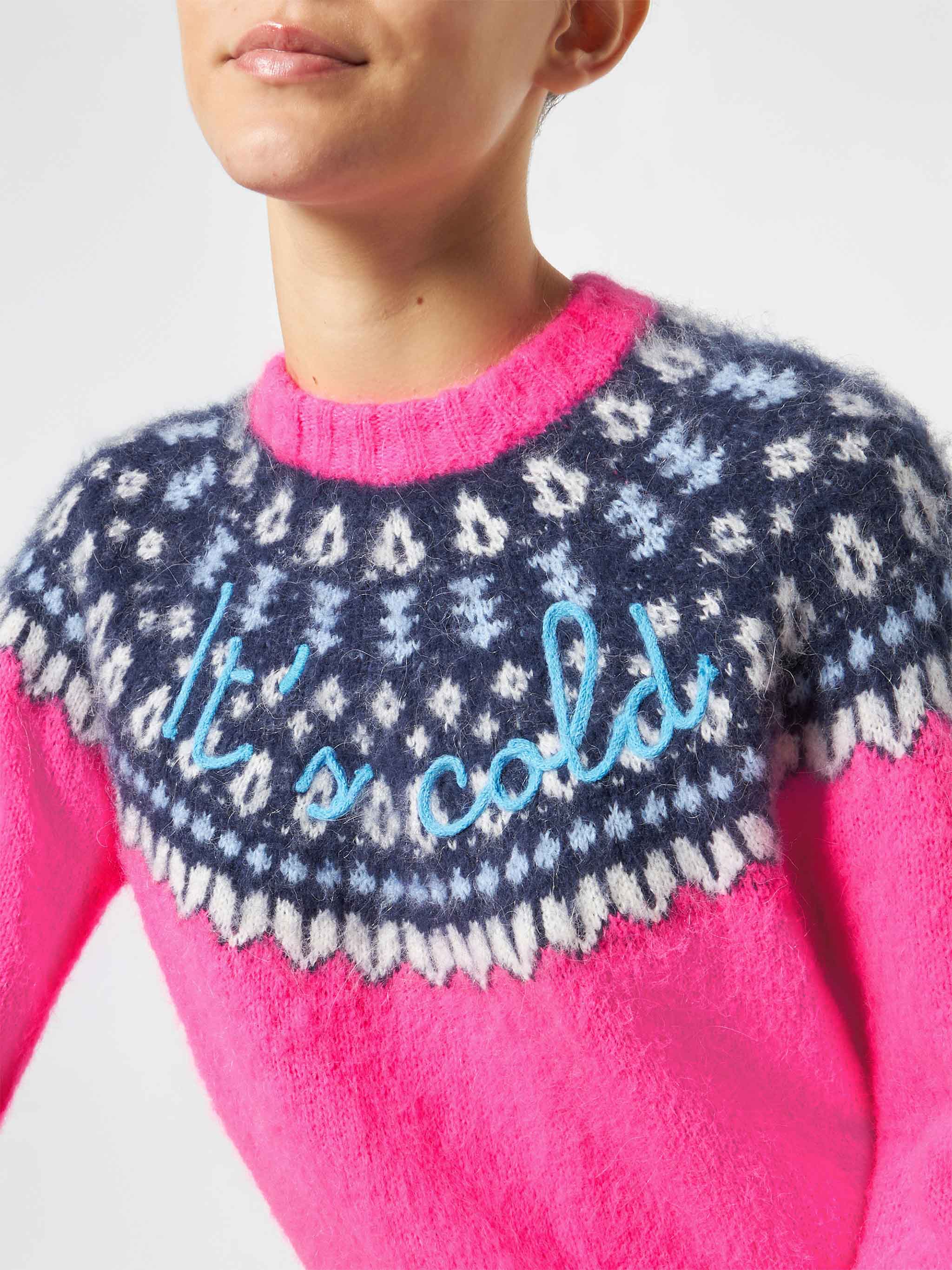 New Queen Nordic Soft Fuchsia Jacquard Sweater With Embroidery Pink