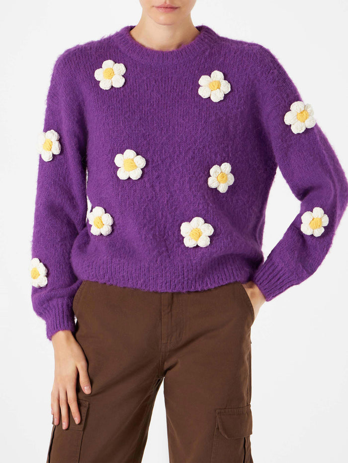 Purple Danya Soft Crewneck Sweater With Daisy Appliqués