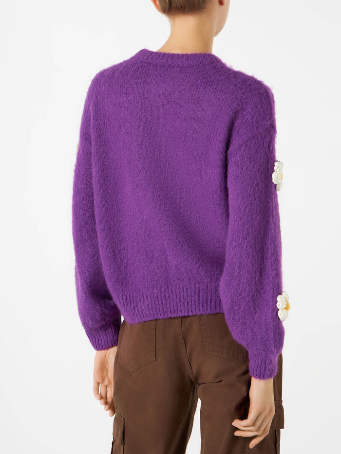 Purple Danya Soft Crewneck Sweater With Daisy Appliqués