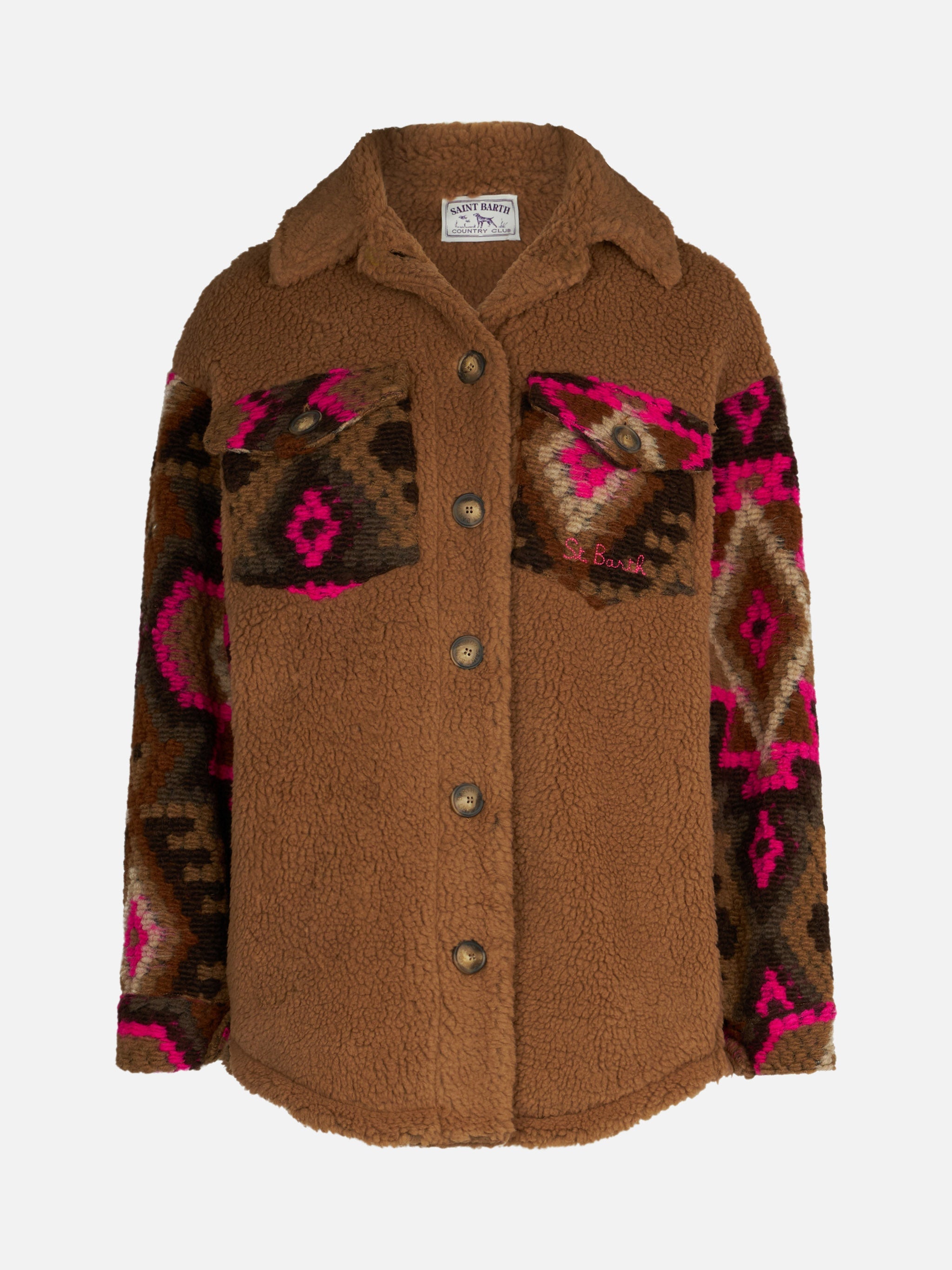 Elys Sherpa Overshirt With Ethnic Print Brown Jacket