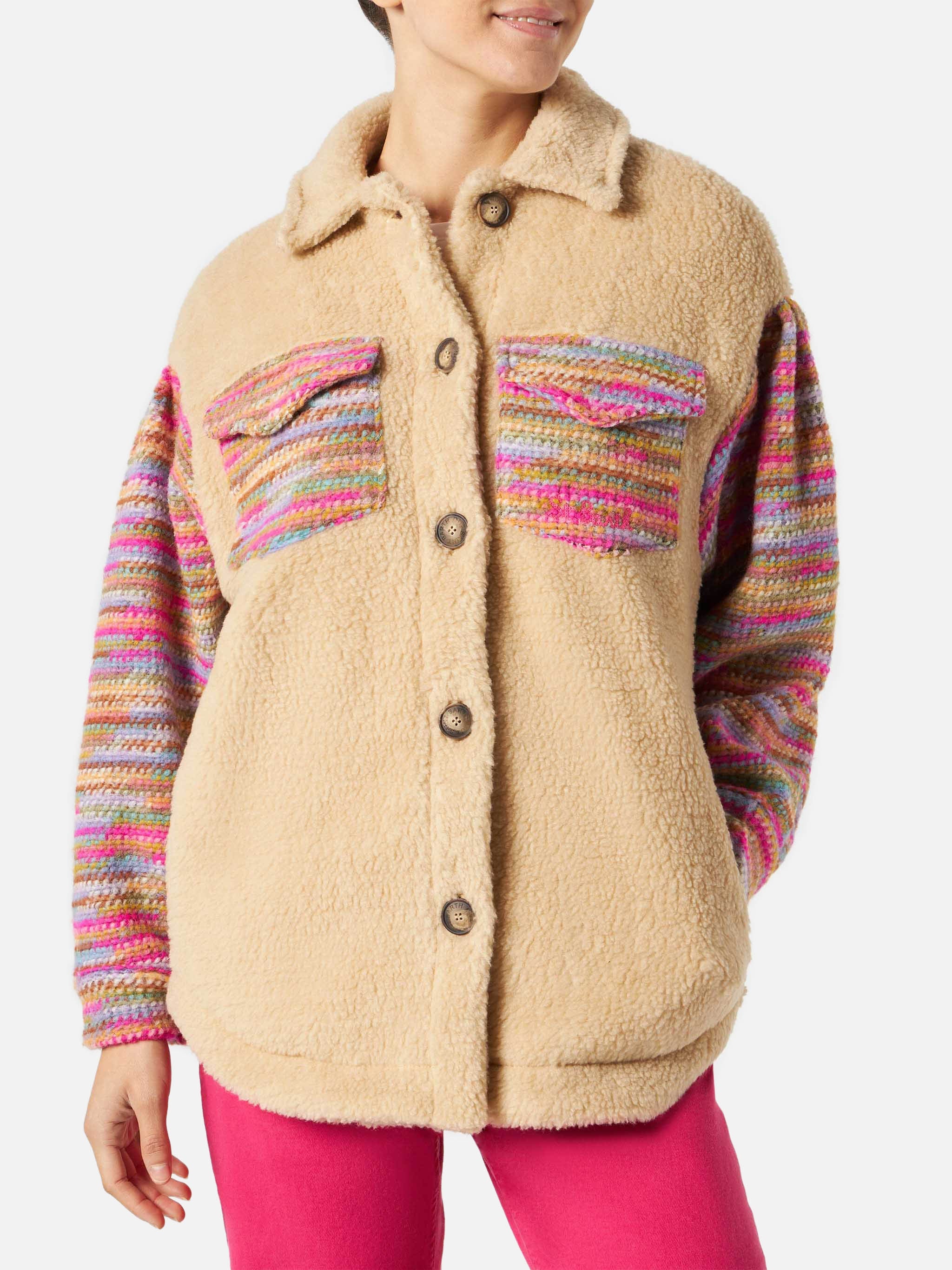 Elys Beige Sherpa Effect Jacket With Crochet Details White