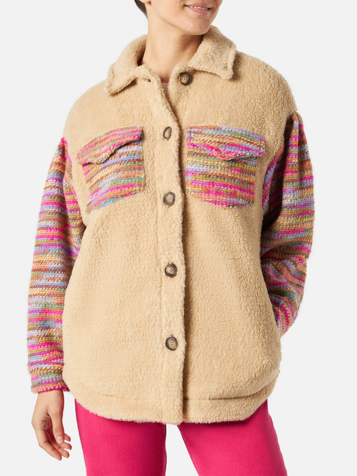 Elys Beige Sherpa Effect Jacket With Crochet Details White