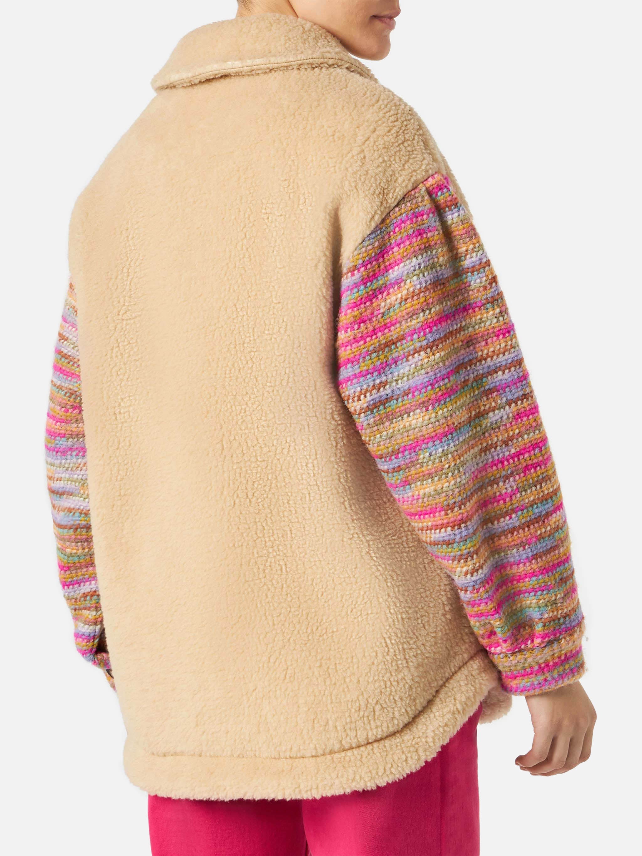 Elys Beige Sherpa Effect Jacket With Crochet Details White