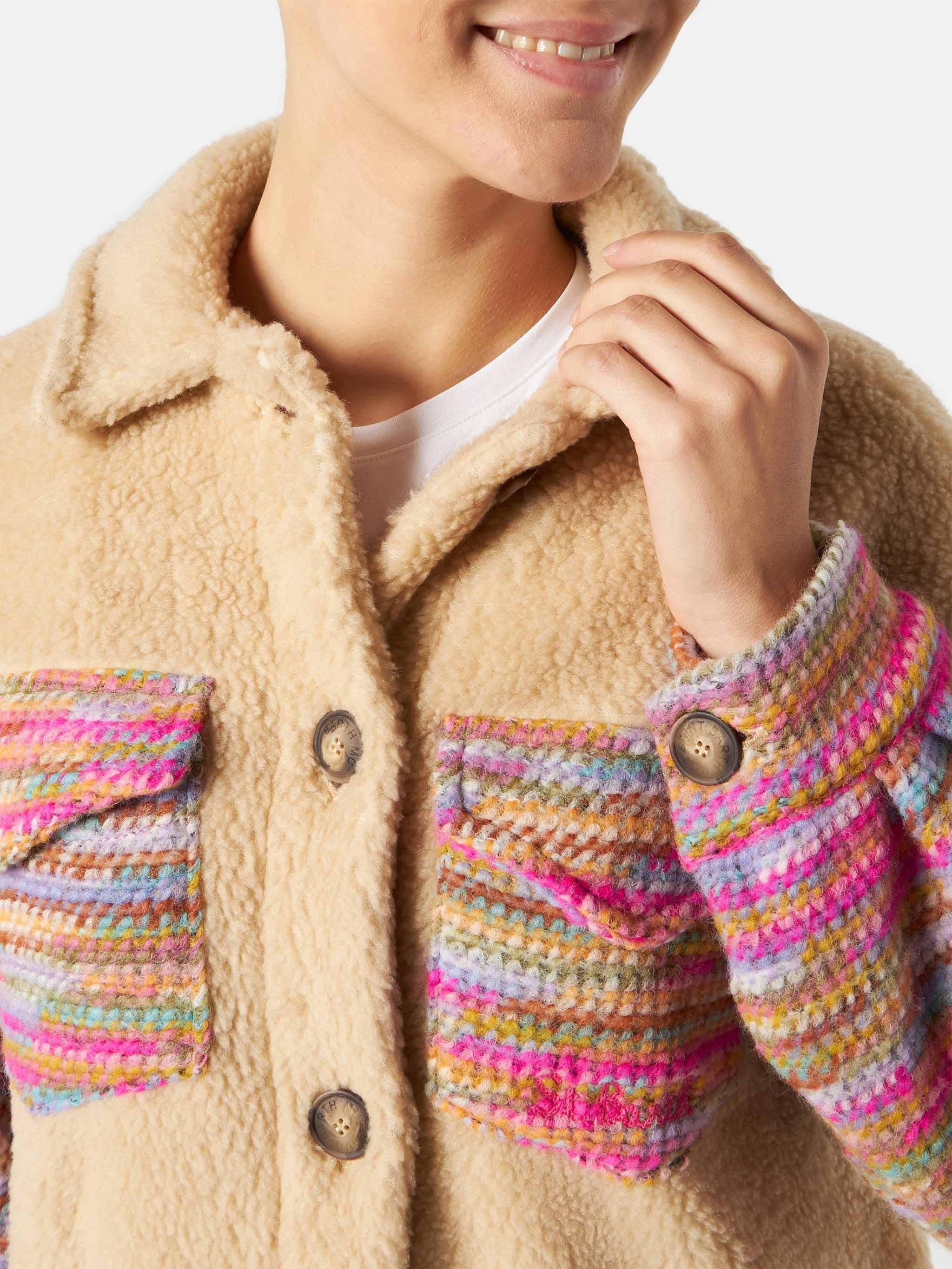 Elys Beige Sherpa Effect Jacket With Crochet Details White