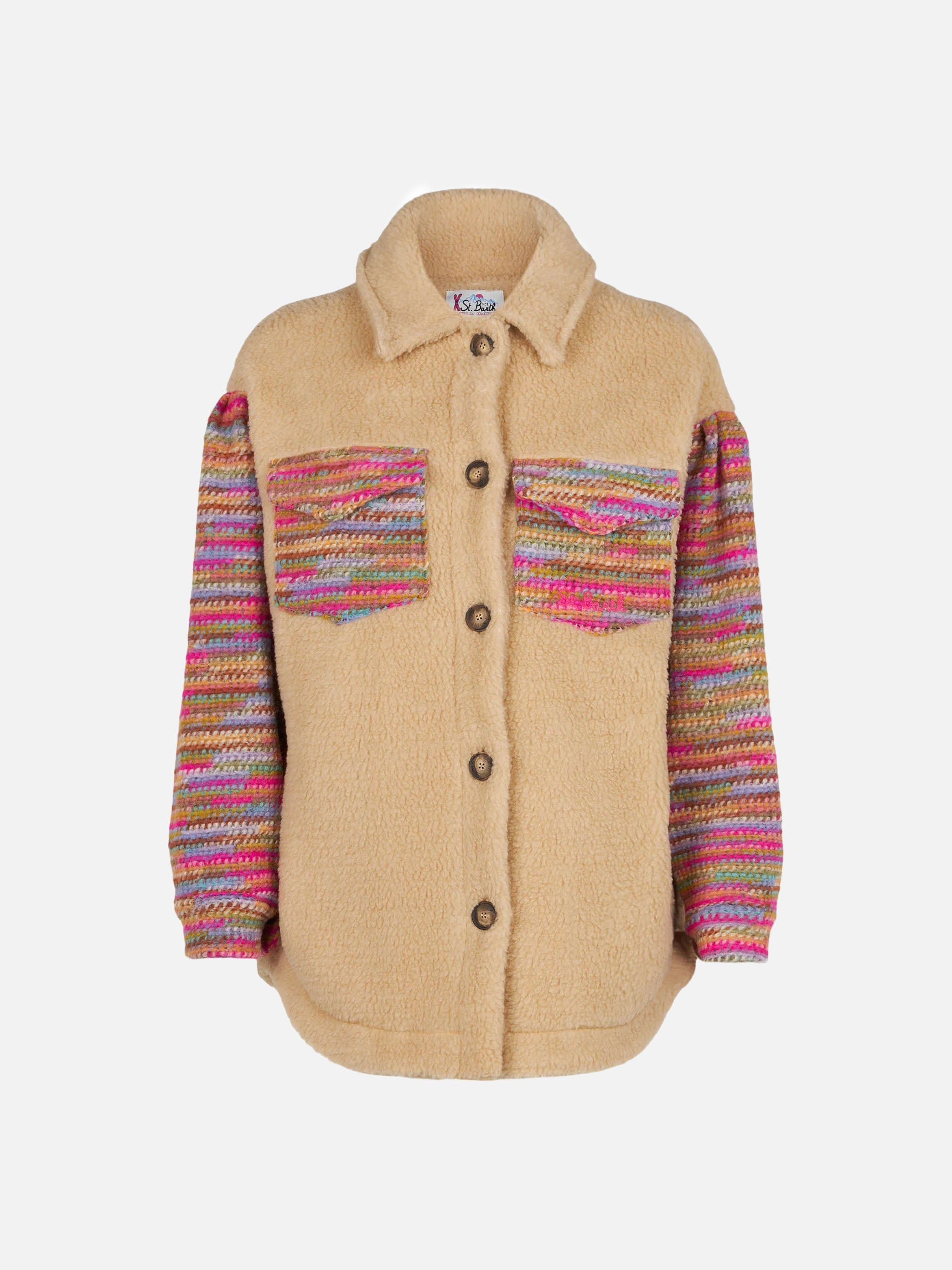 Elys Beige Sherpa Effect Jacket With Crochet Details White