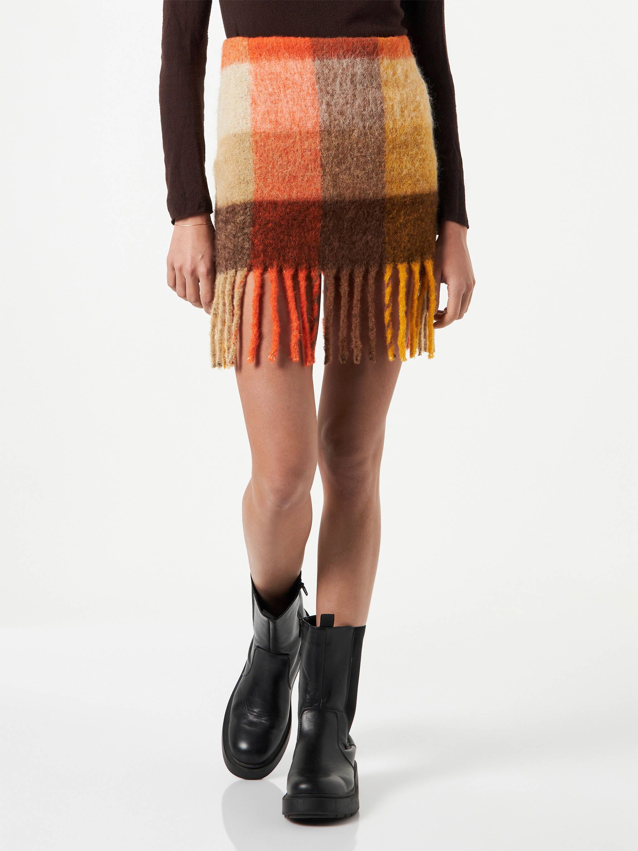 Katrine Check Skirt With Fringes Brown