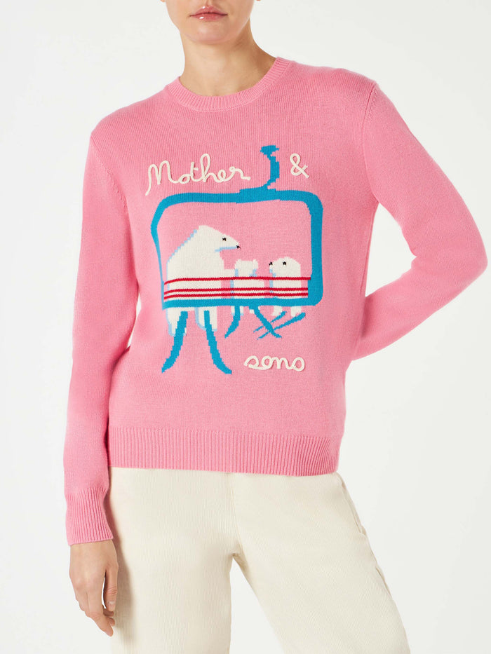 New Queen Sweater With Bears Embroidery And Mother & Sons Lettering Pink