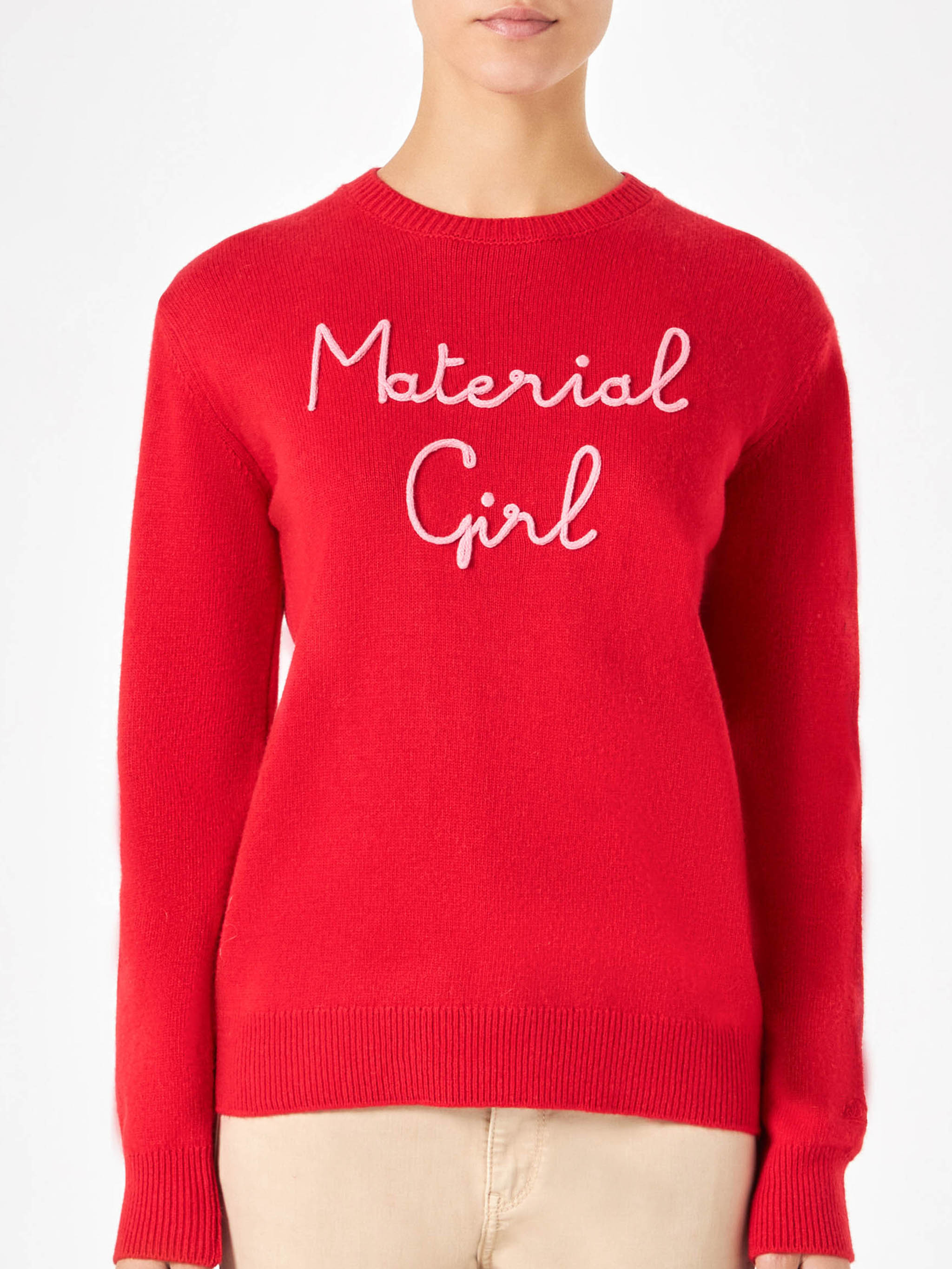 Blended Cashmere Crewneck With Material Girl Embroidery Red