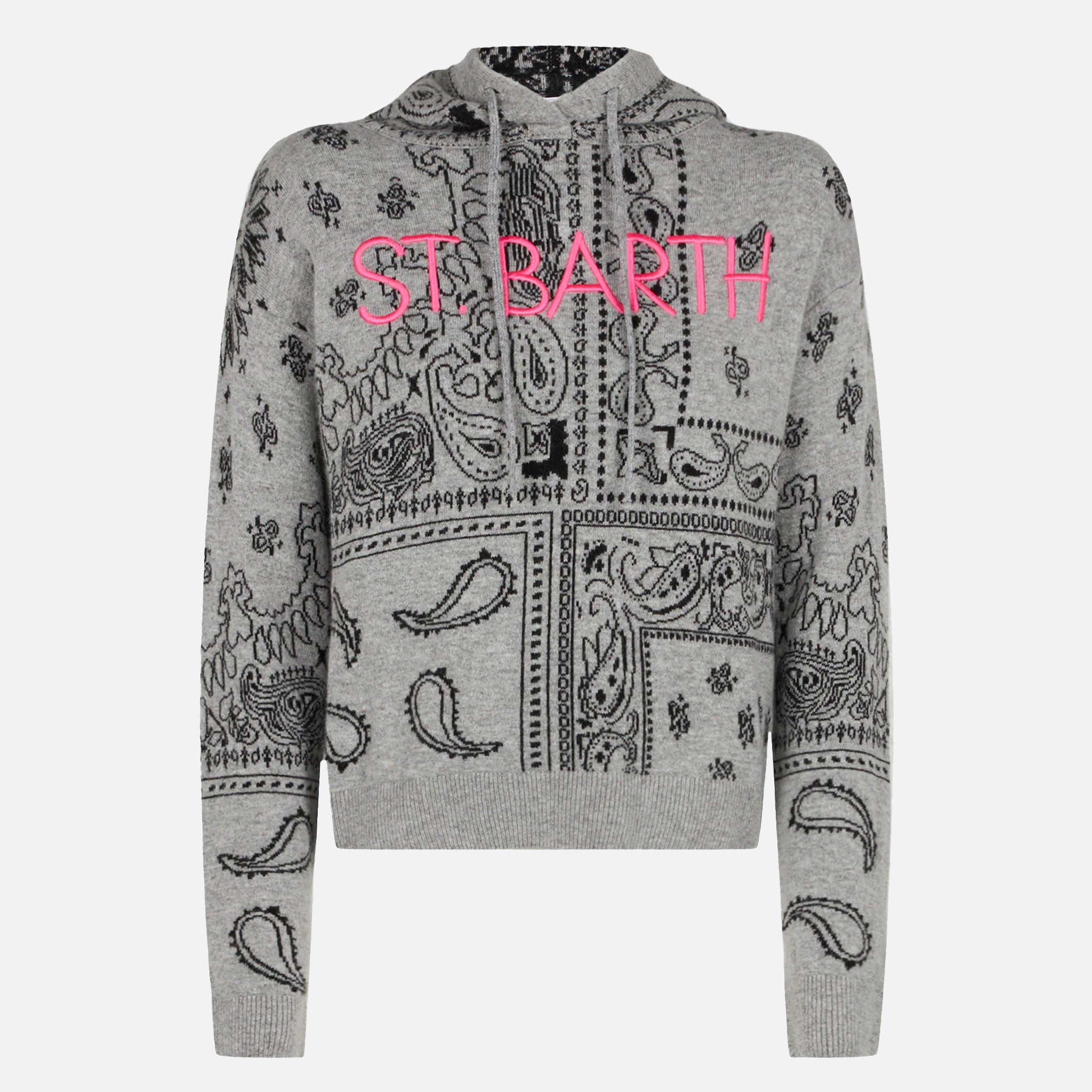 Grey Meg Cropped Hoodie Blended Cashmere With Bandana Print Knitwear