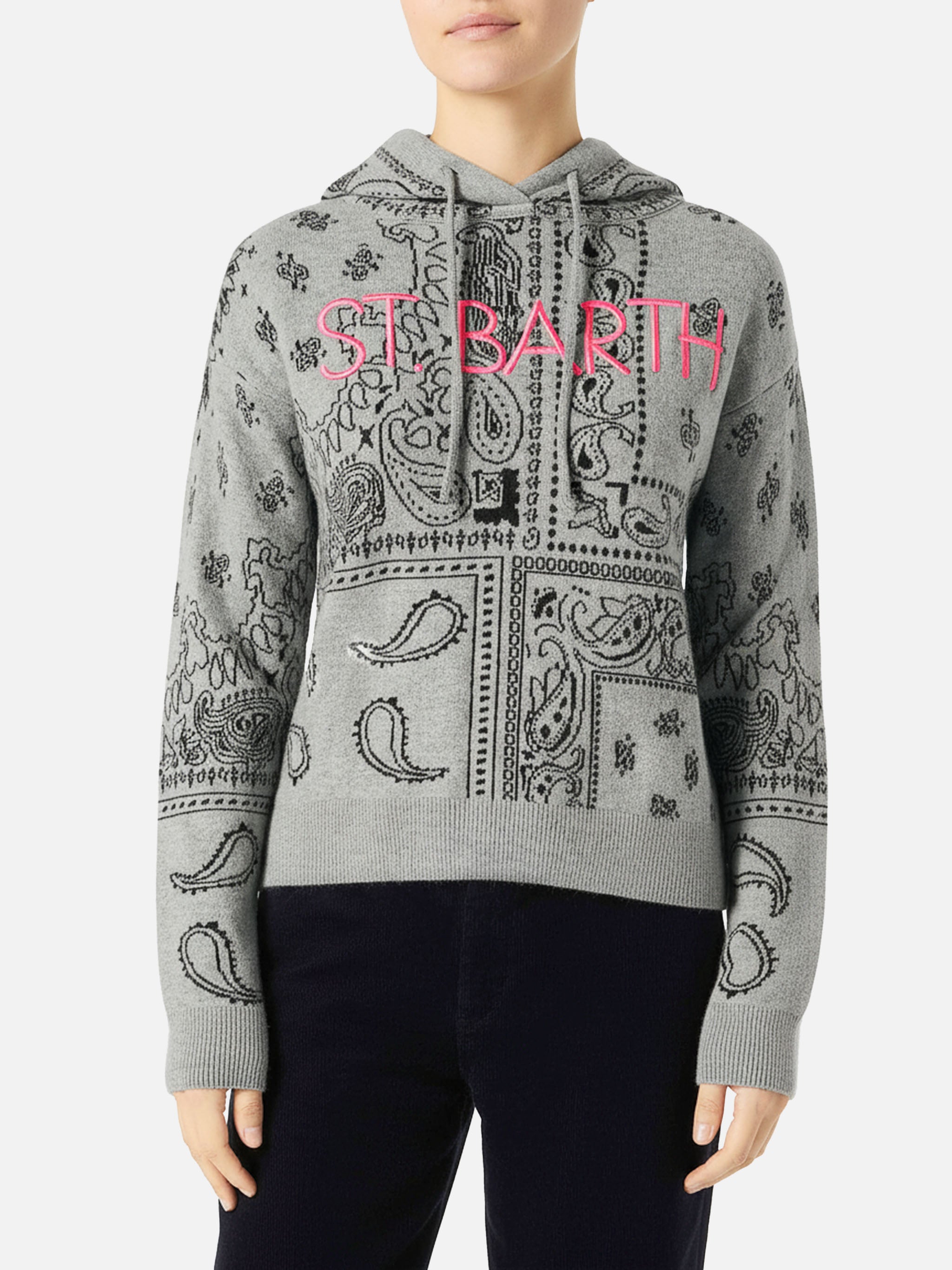 Grey Meg Cropped Hoodie Blended Cashmere With Bandana Print Knitwear