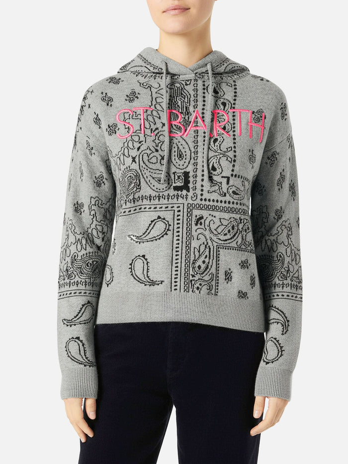 Grey Meg Cropped Hoodie Blended Cashmere With Bandana Print Knitwear