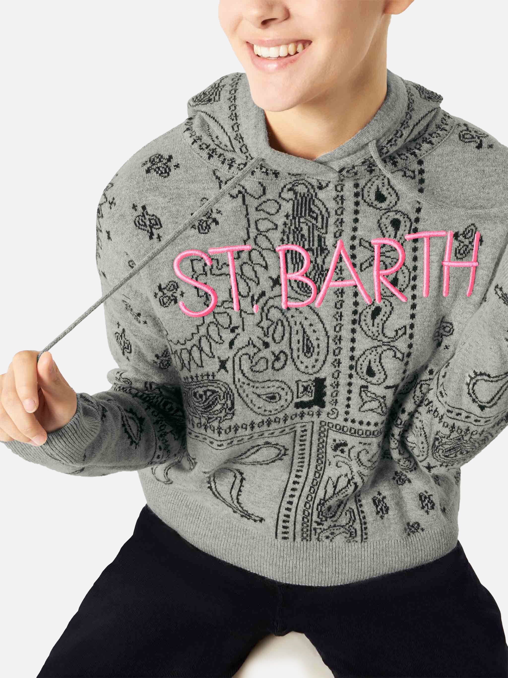 Grey Meg Cropped Hoodie Blended Cashmere With Bandana Print Knitwear