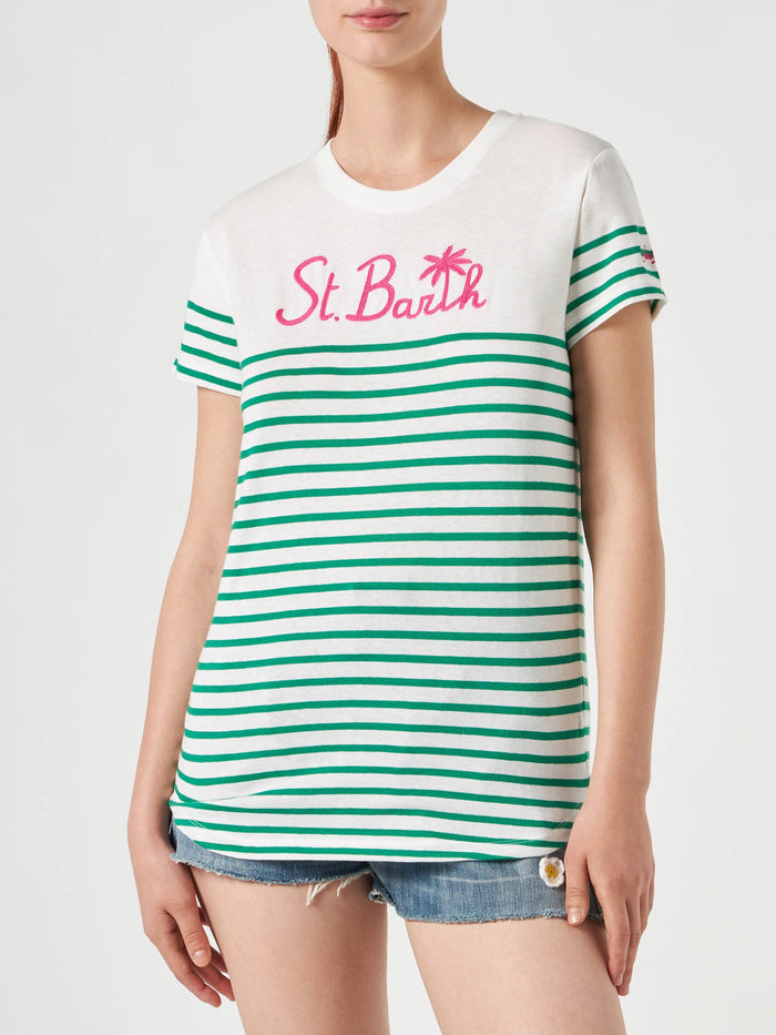 Green Striped Cotton T-Shirt With St. Barth Embroidery White