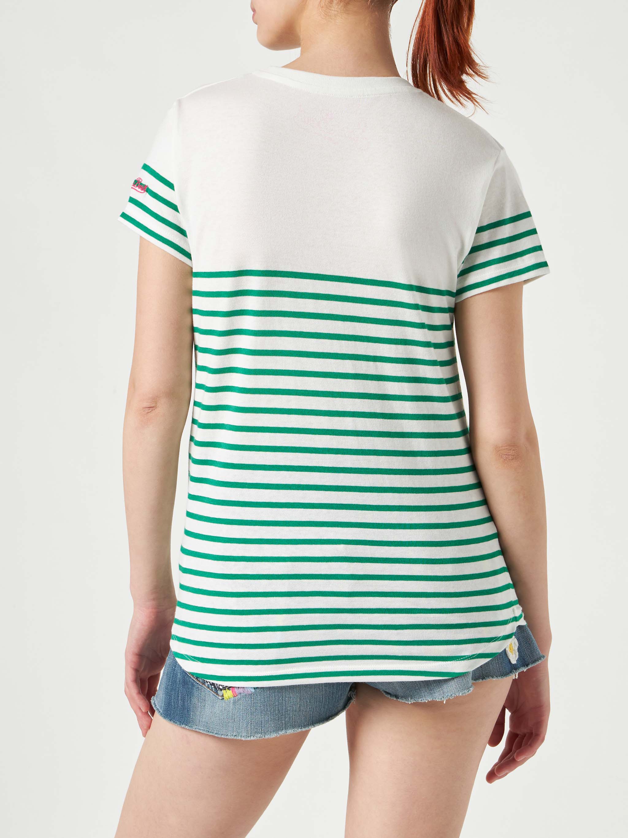 Green Striped Cotton T-Shirt With St. Barth Embroidery White